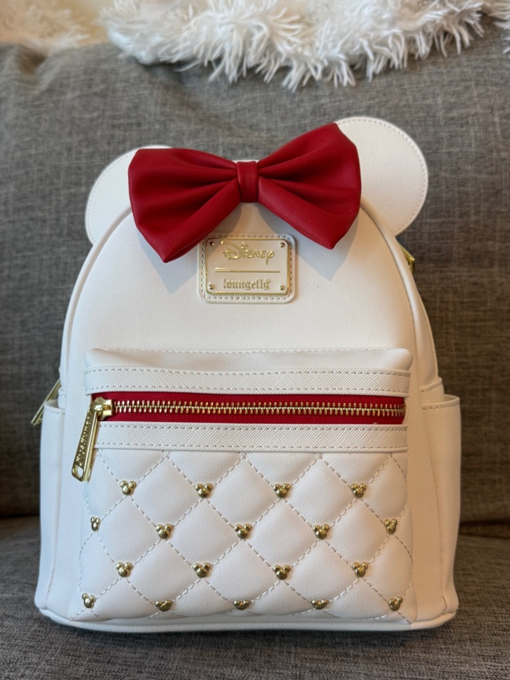 Loungefly White Mini Backpack with Red Bow & Gold Hardware